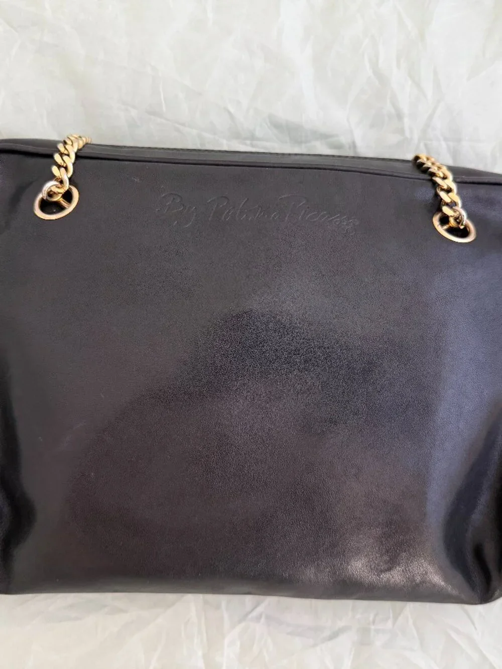 By Paloma Picasso Black Leather Chain Shoulder Bag Gold Hardware Vintage